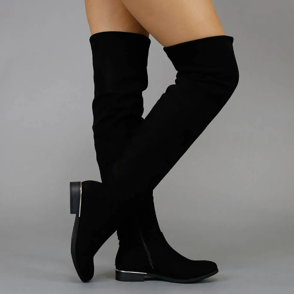 Basic Schwarz Veloursleder-Optik Schenkel-hohe Stiefel mit kleinem Absatz