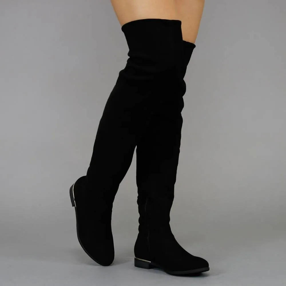 Basic Schwarz Veloursleder-Optik Schenkel-hohe Stiefel mit kleinem Absatz