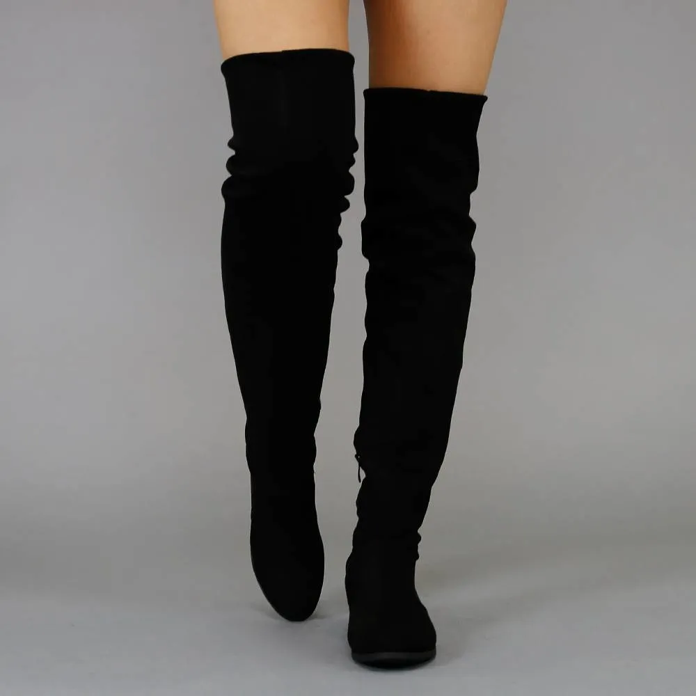 Basic Schwarz Veloursleder-Optik Schenkel-hohe Stiefel mit kleinem Absatz