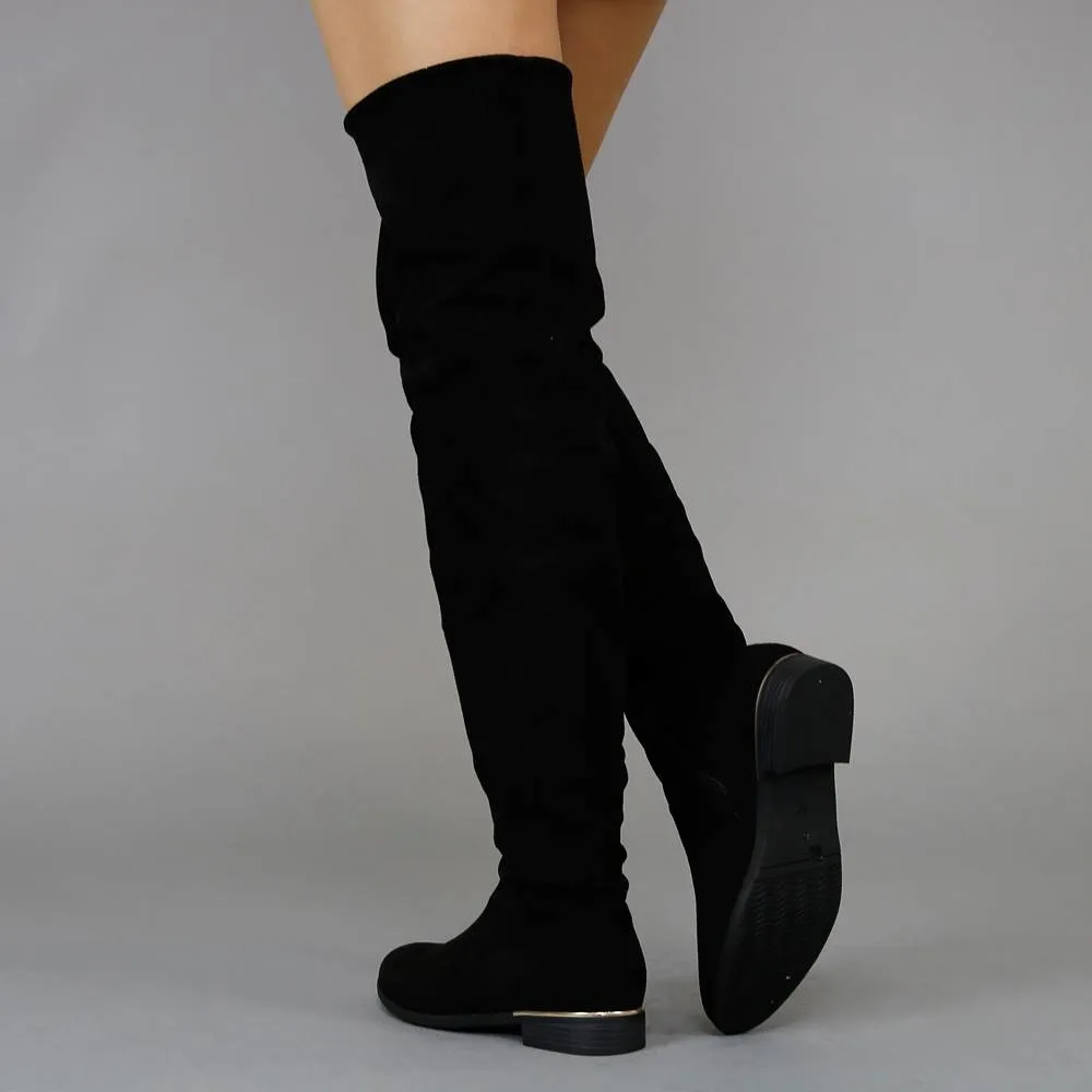Basic Schwarz Veloursleder-Optik Schenkel-hohe Stiefel mit kleinem Absatz