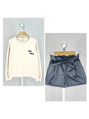 Set aus besticktem Sweatshirt und Shorts aus Kunstleder für Mädchen