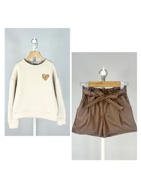 Set aus dickem Sweatshirt mit Pailletten und Shorts aus Kunstleder für Mädchen