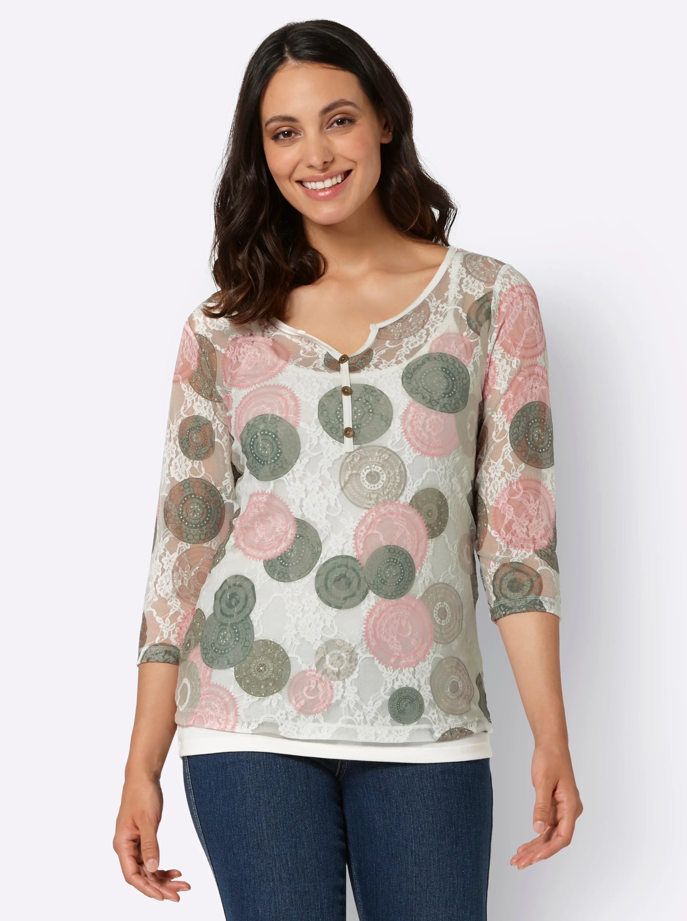 Spitzenshirt in rosenquarz-khaki-bedruckt