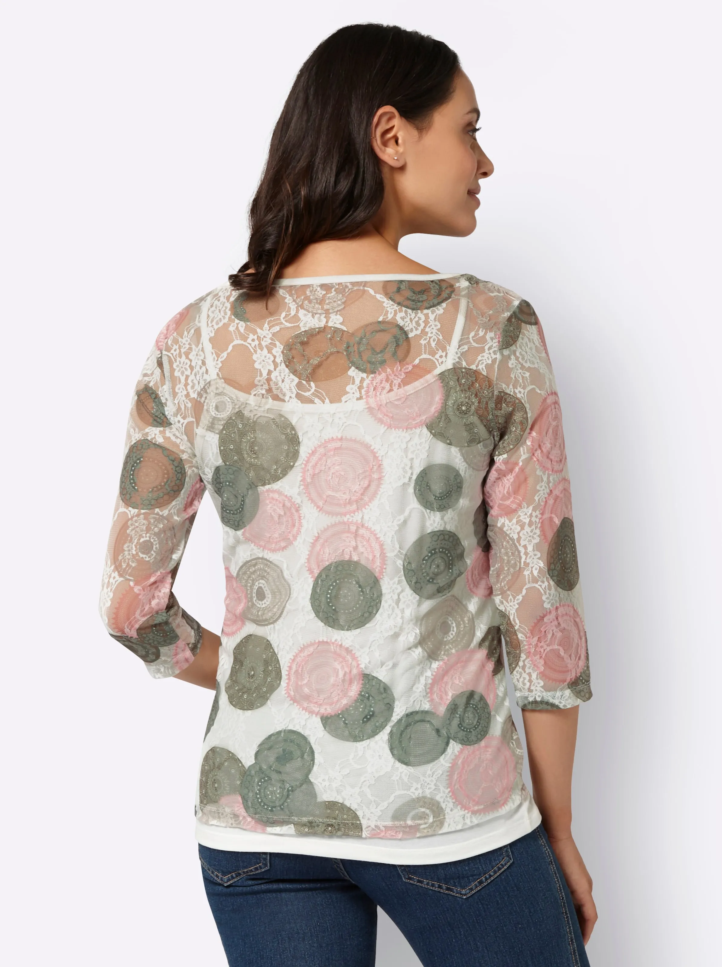 Spitzenshirt in rosenquarz-khaki-bedruckt