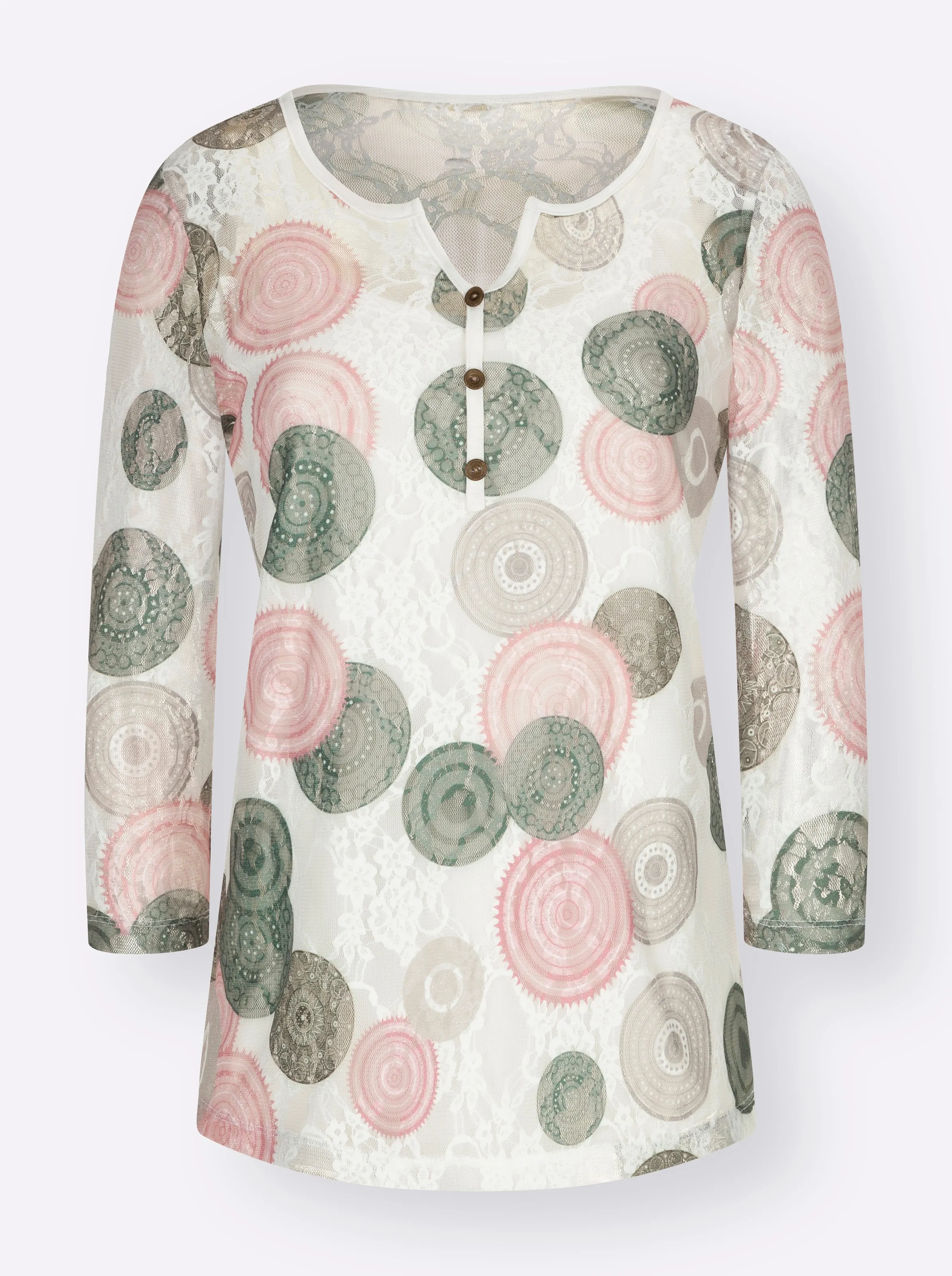 Spitzenshirt in rosenquarz-khaki-bedruckt